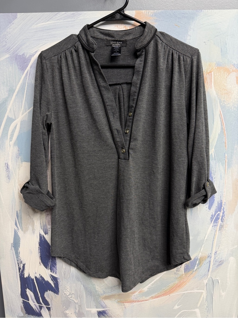 Love Ryan Gray Henley Tunic Top Small Long Sleeve Button Front Roll Tab Sleeves